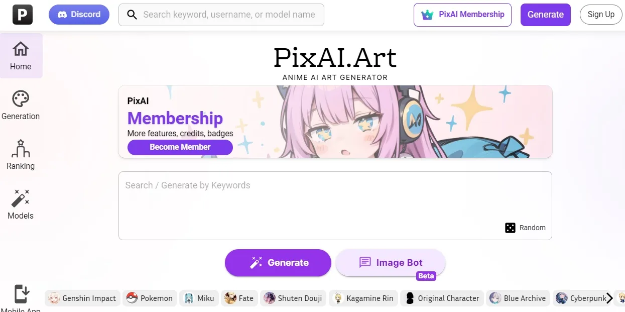 Pixai Art generator tool